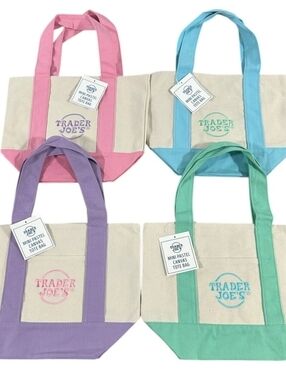 Trader Joe's Mini Pastel Canvas Tote Bag Set Of 4-Pink, Blue, Green, Purple NWT